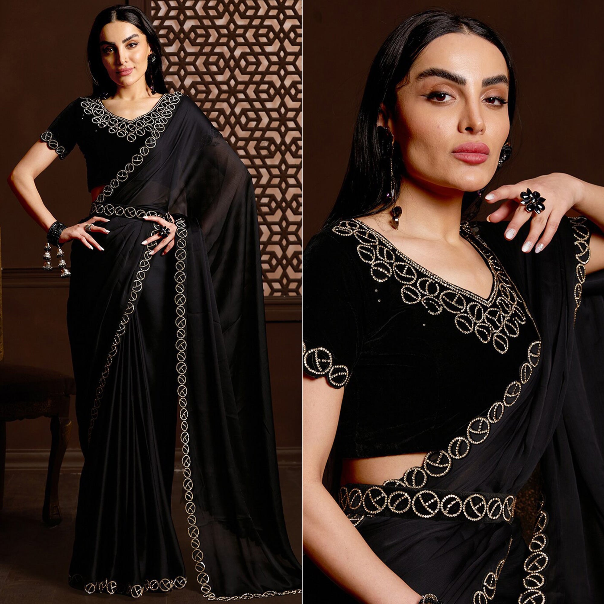 Black Stone Work Chiffon Saree