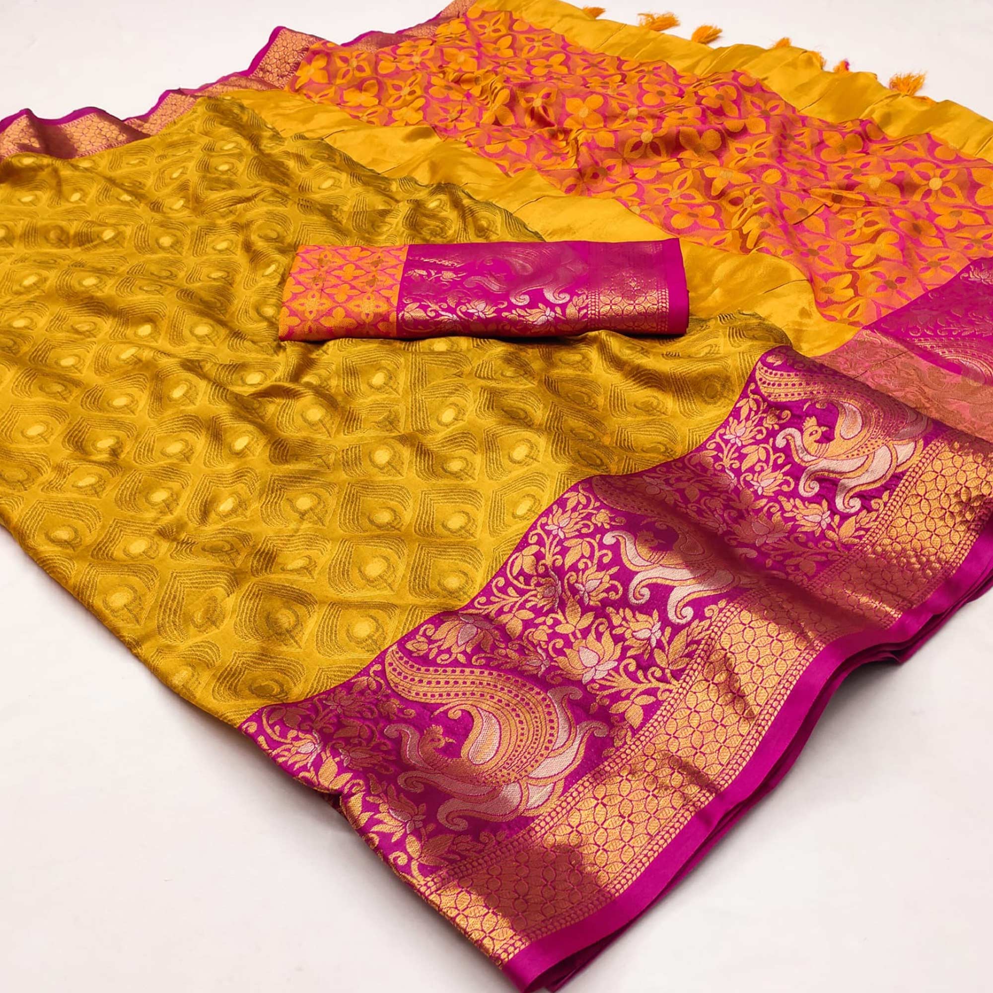 Gold Woven Cotton Silk Saree With Tassels