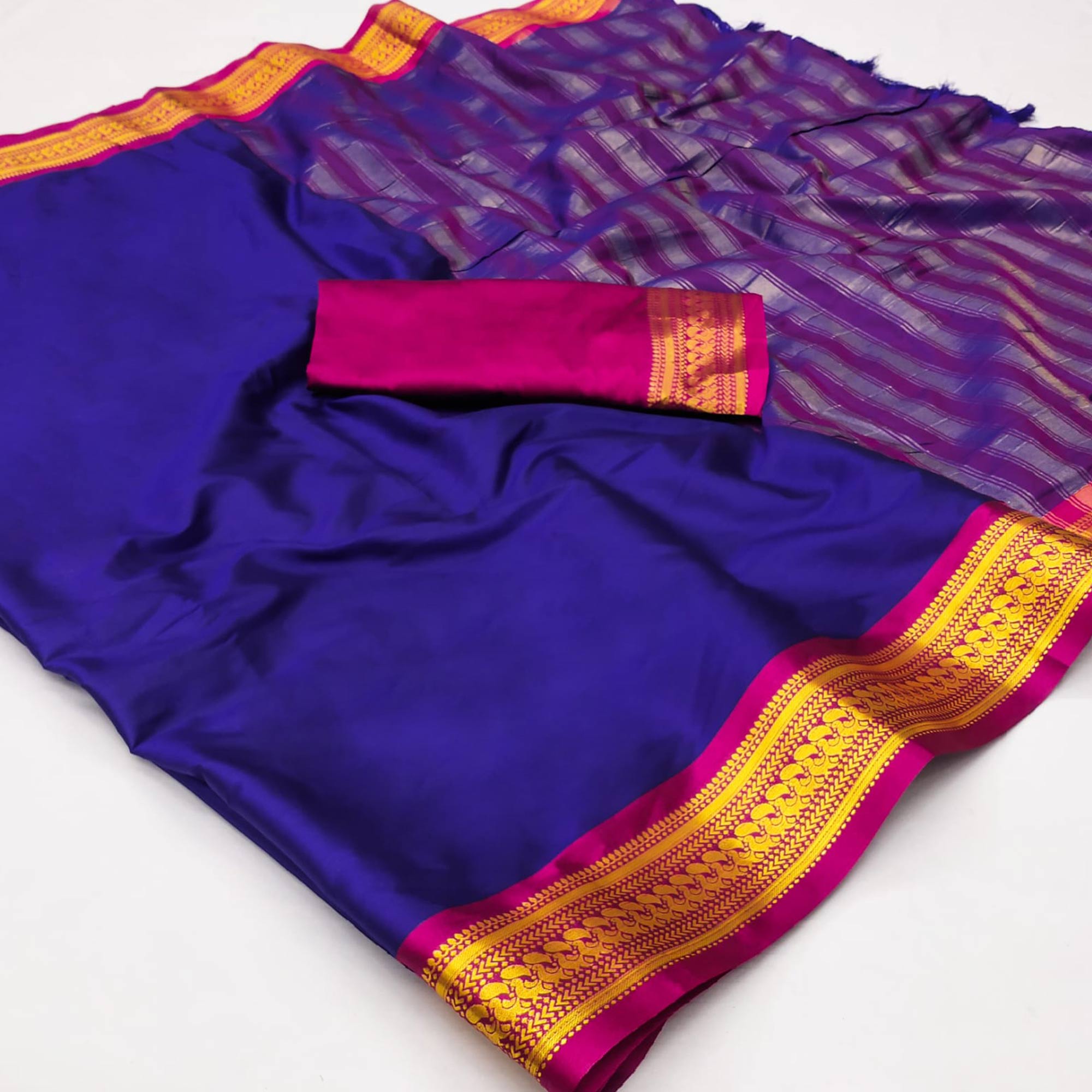 Blue Solid Cotton Silk Saree With Jacquard Border