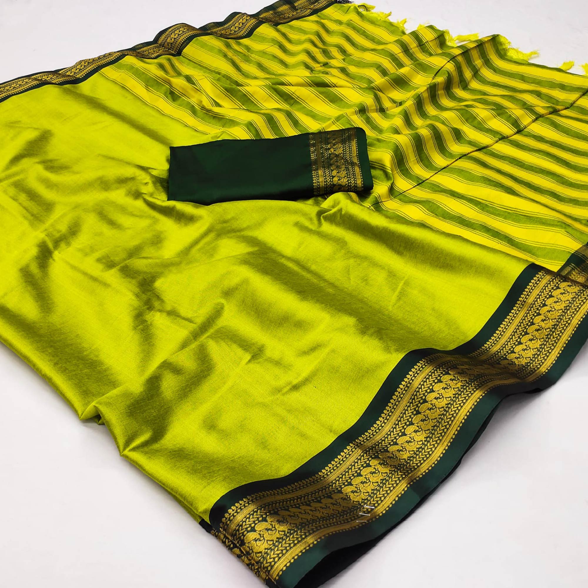 Lemon Green Solid Cotton Silk Saree With Jacquard Border