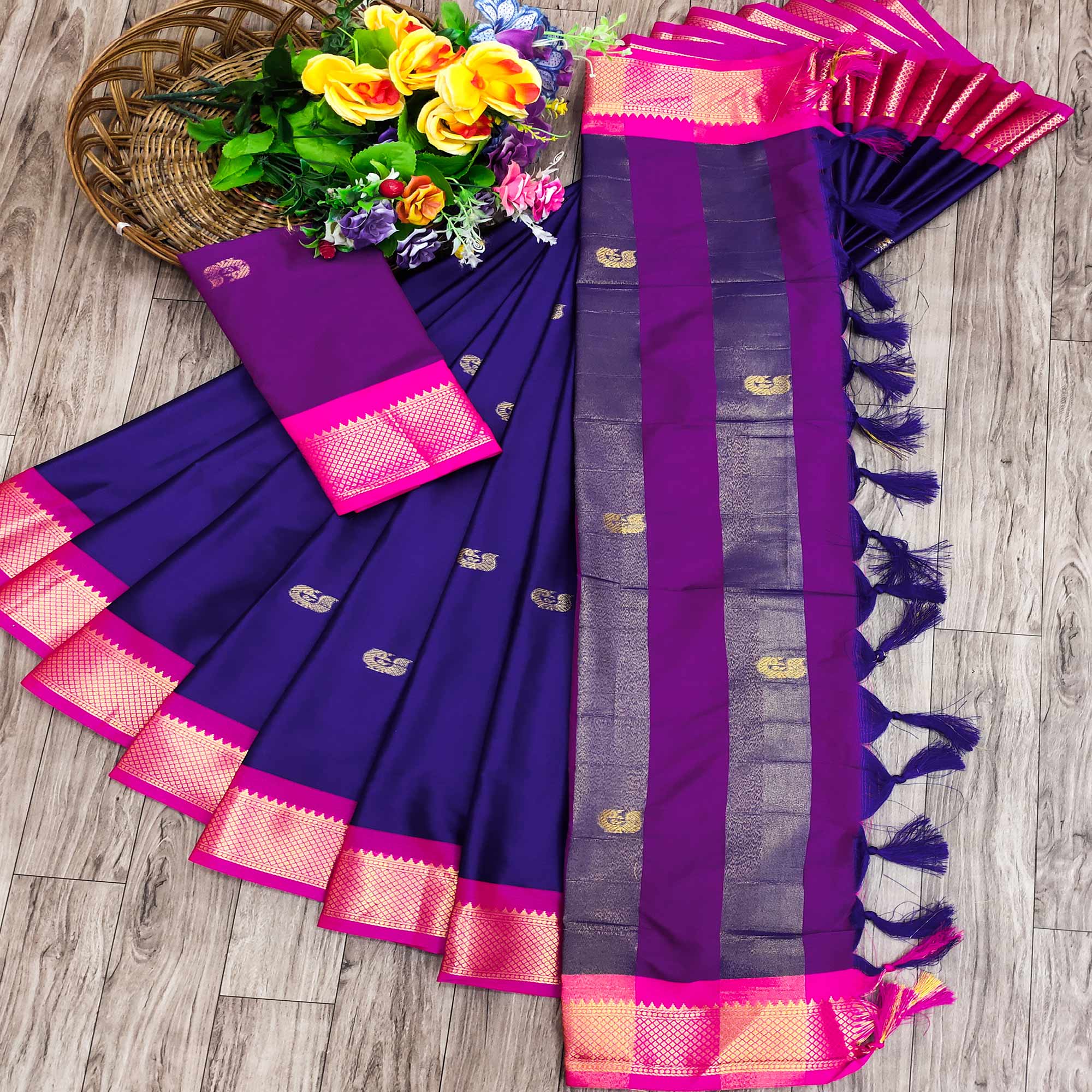 Blue Butti Work Woven Cotton Silk Saree