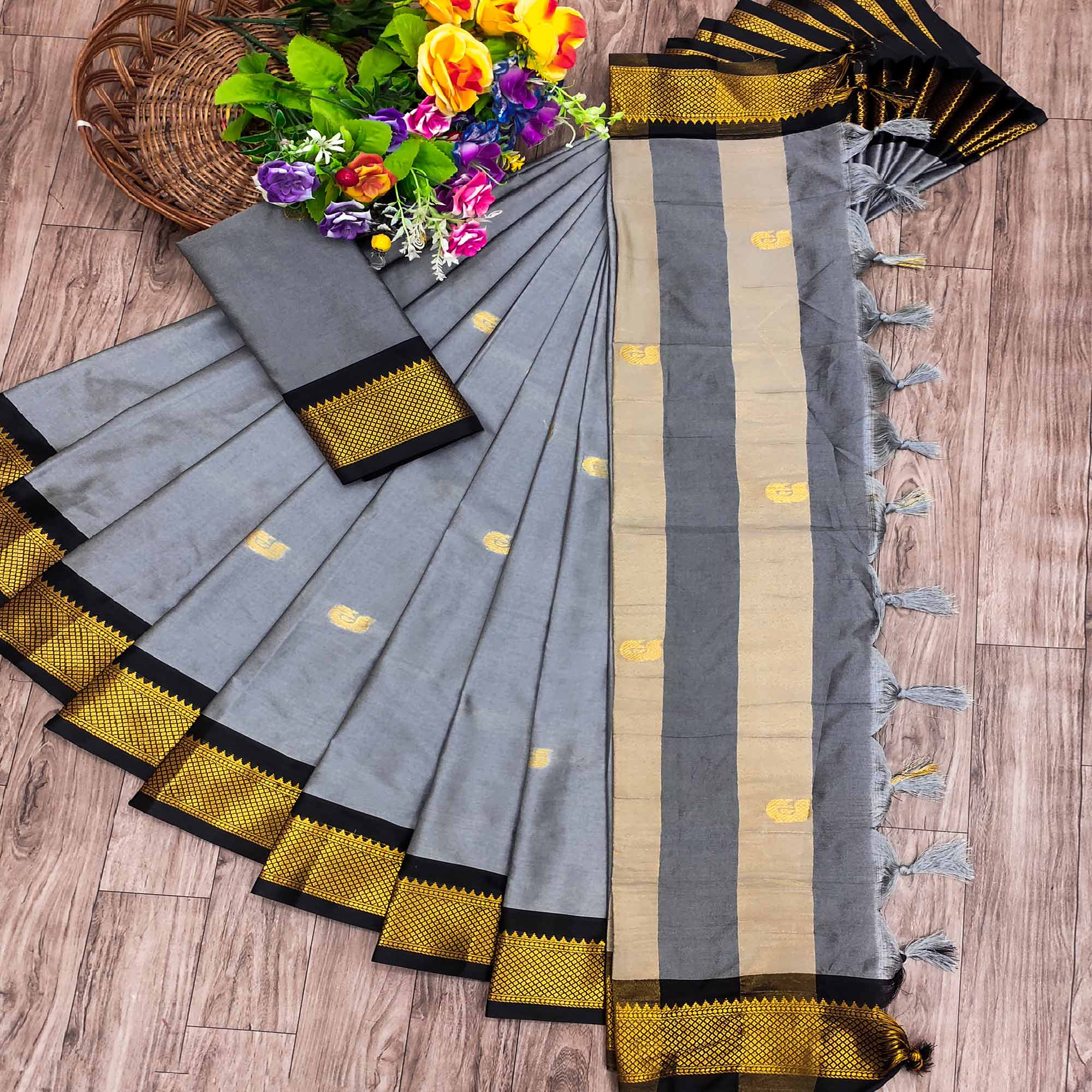 Grey Butti Work Woven Cotton Silk Saree