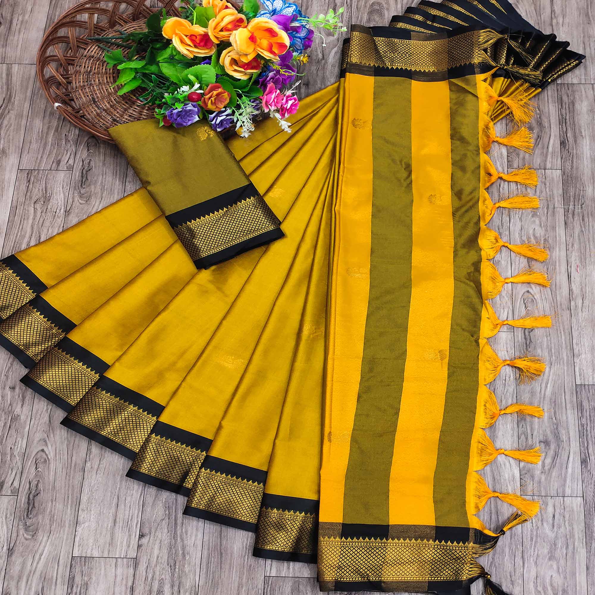 Mustard Butti Work Woven Cotton Silk Saree