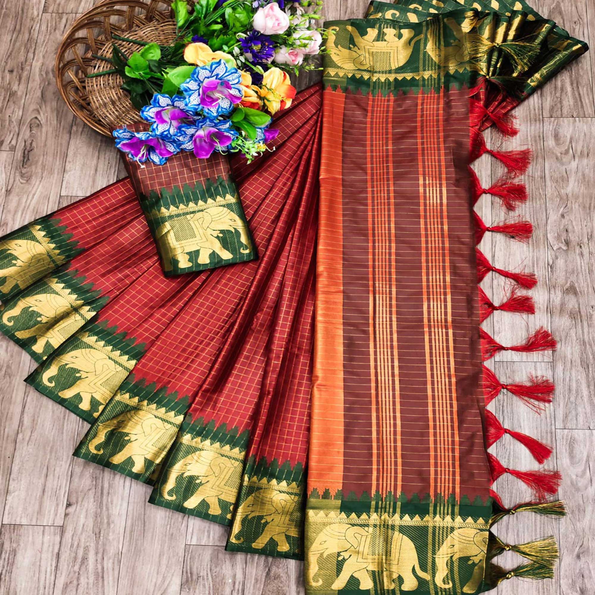 Maroon & Green Woven Cotton Silk Saree With Tassels