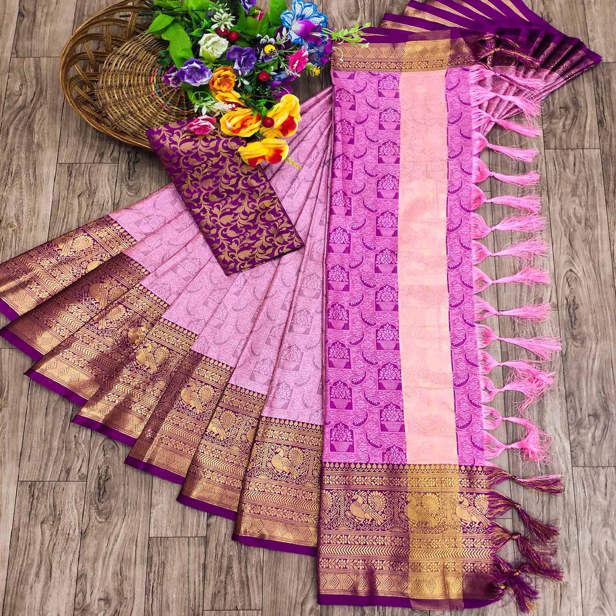 Pink Woven Cotton Silk Saree With Tassels
