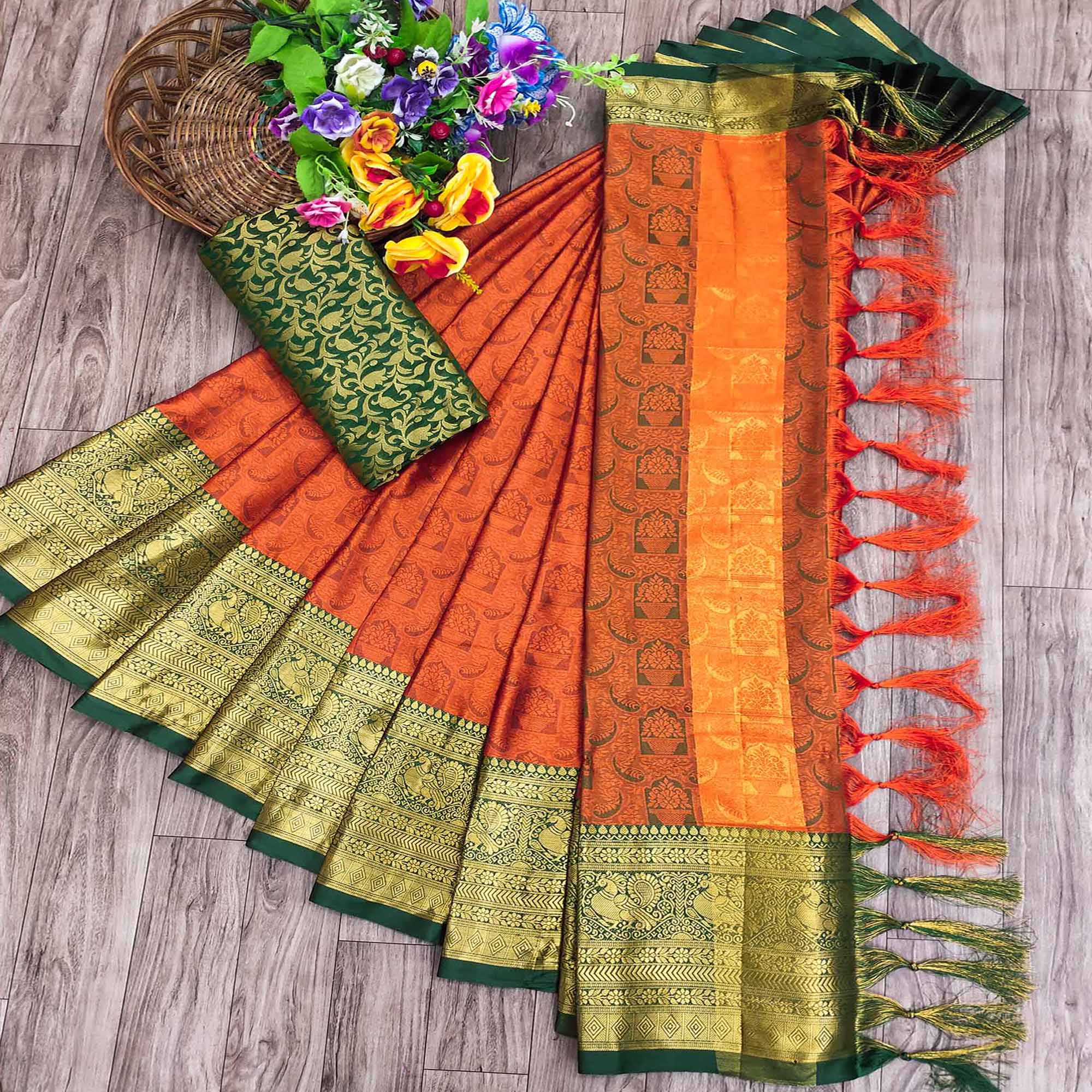 Rust Red Woven Cotton Silk Saree With Tassels