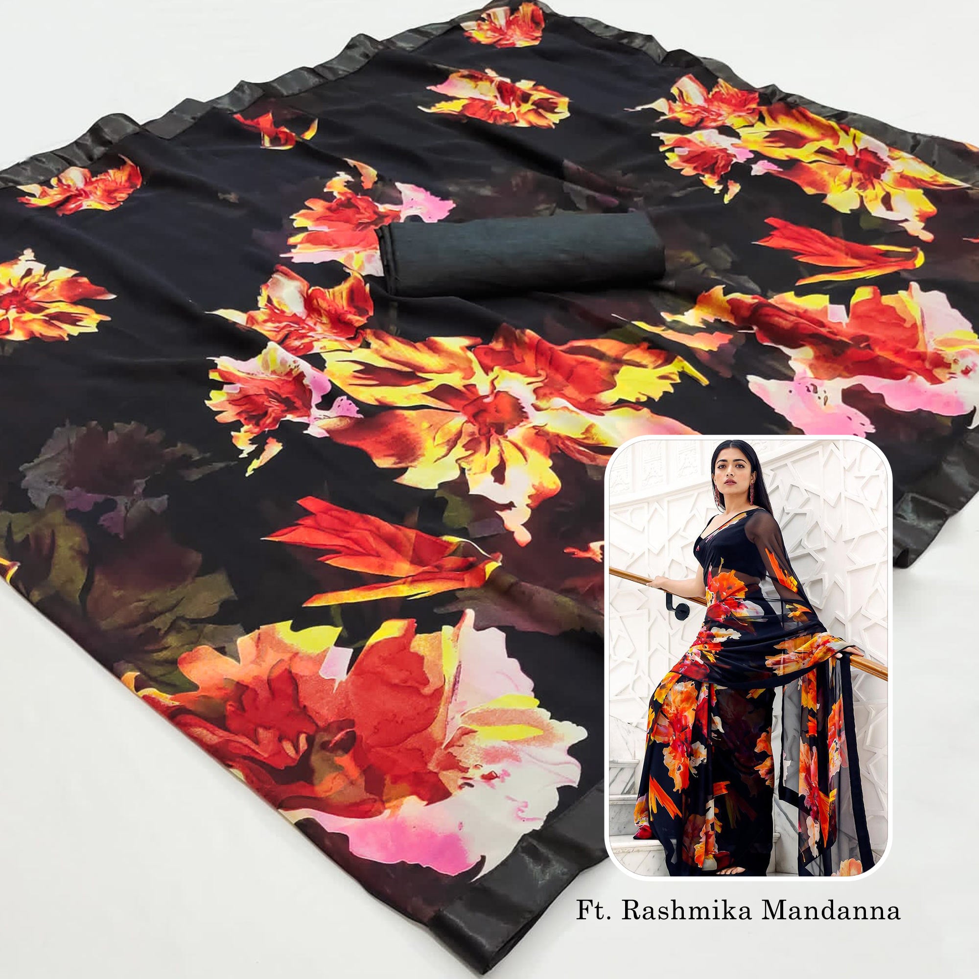 Black Floral Printed Georgette Saree