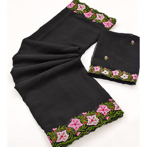 Black Faux Georgette Saree Featuring Minimalist Floral Border Embroidery