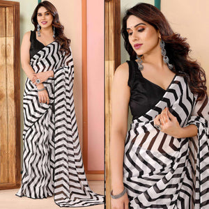 White & Black Zig Zag Printed Georgette Ready To Wear Saree