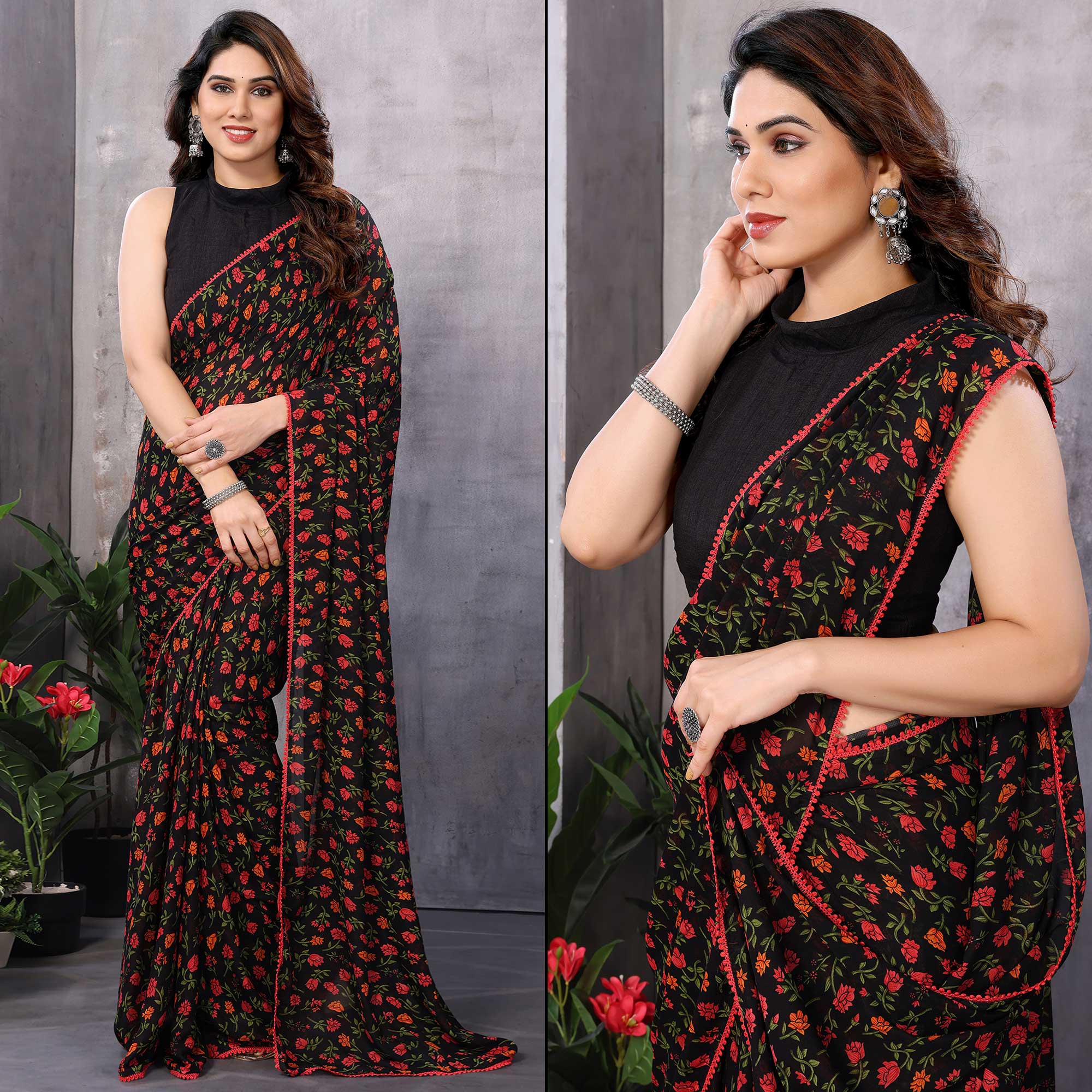 Black Floral Printed Georgette Ready To Wear Saree