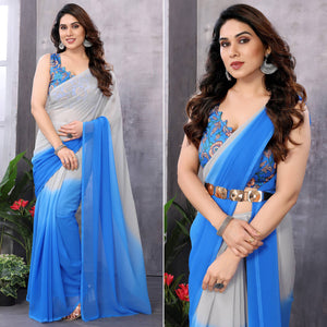 Blue & Grey Ombre Printed Georgette Ready To Wear Saree