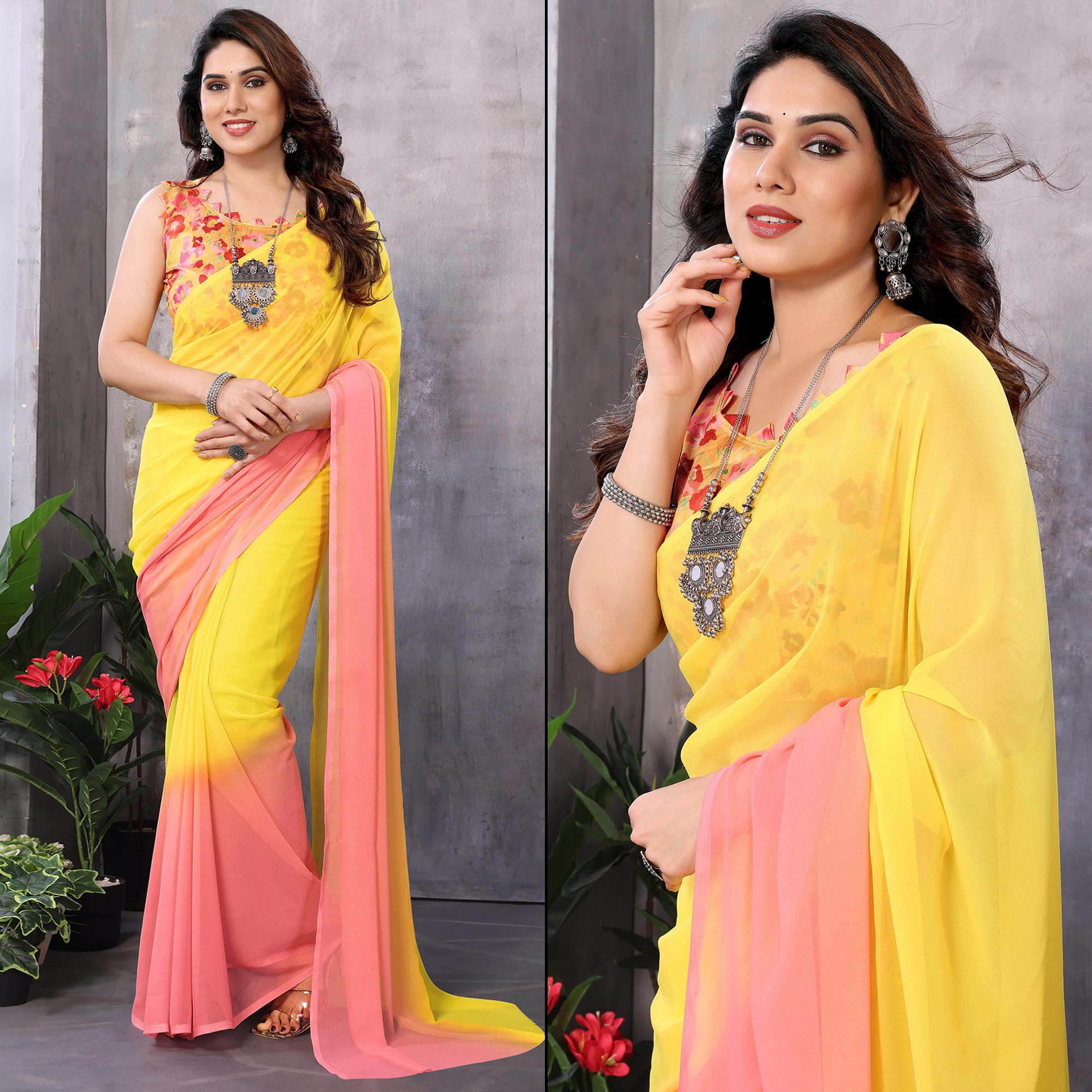 Yellow & Pink Ombre Printed Georgette Ready To Wear Saree