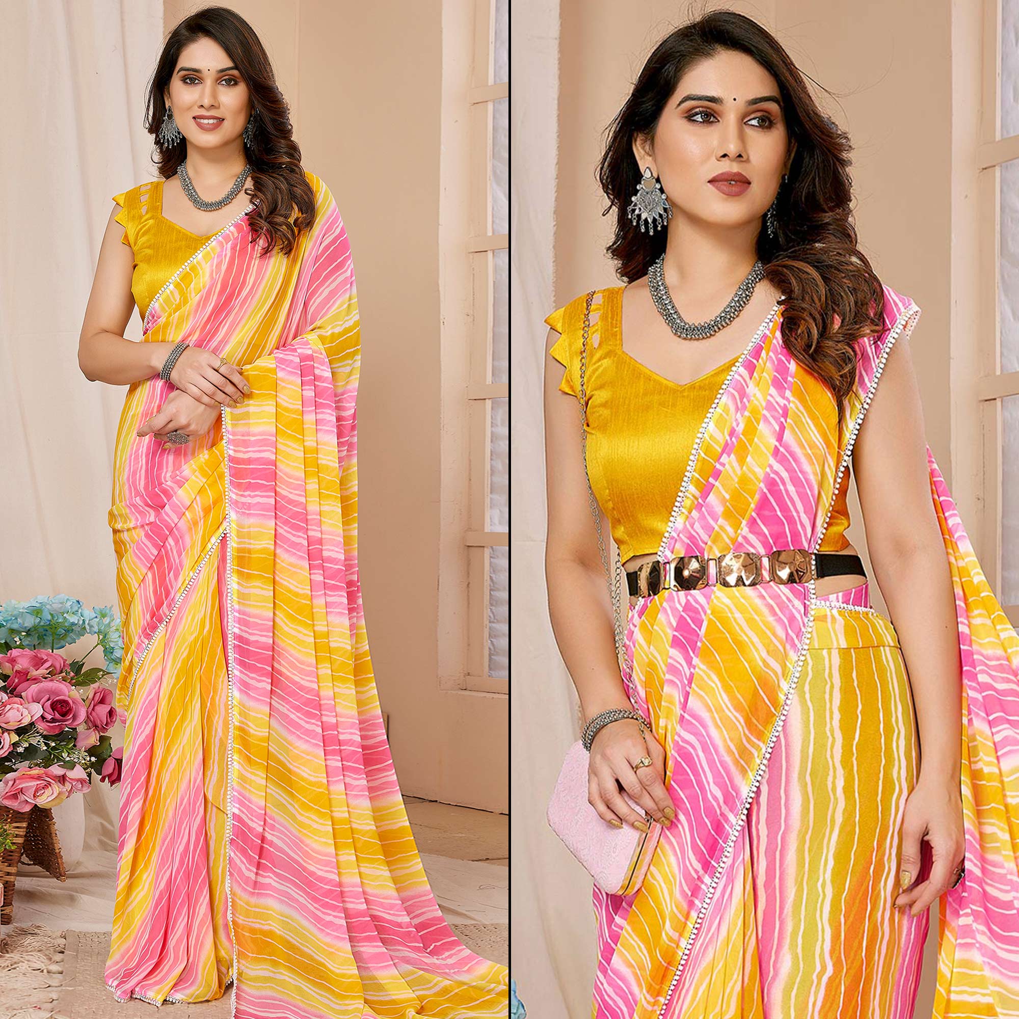 Yellow & Pink Printed Ready To Wear Georgette Saree