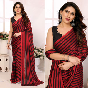 Red Striped Printed Georgette Ready To Wear Saree