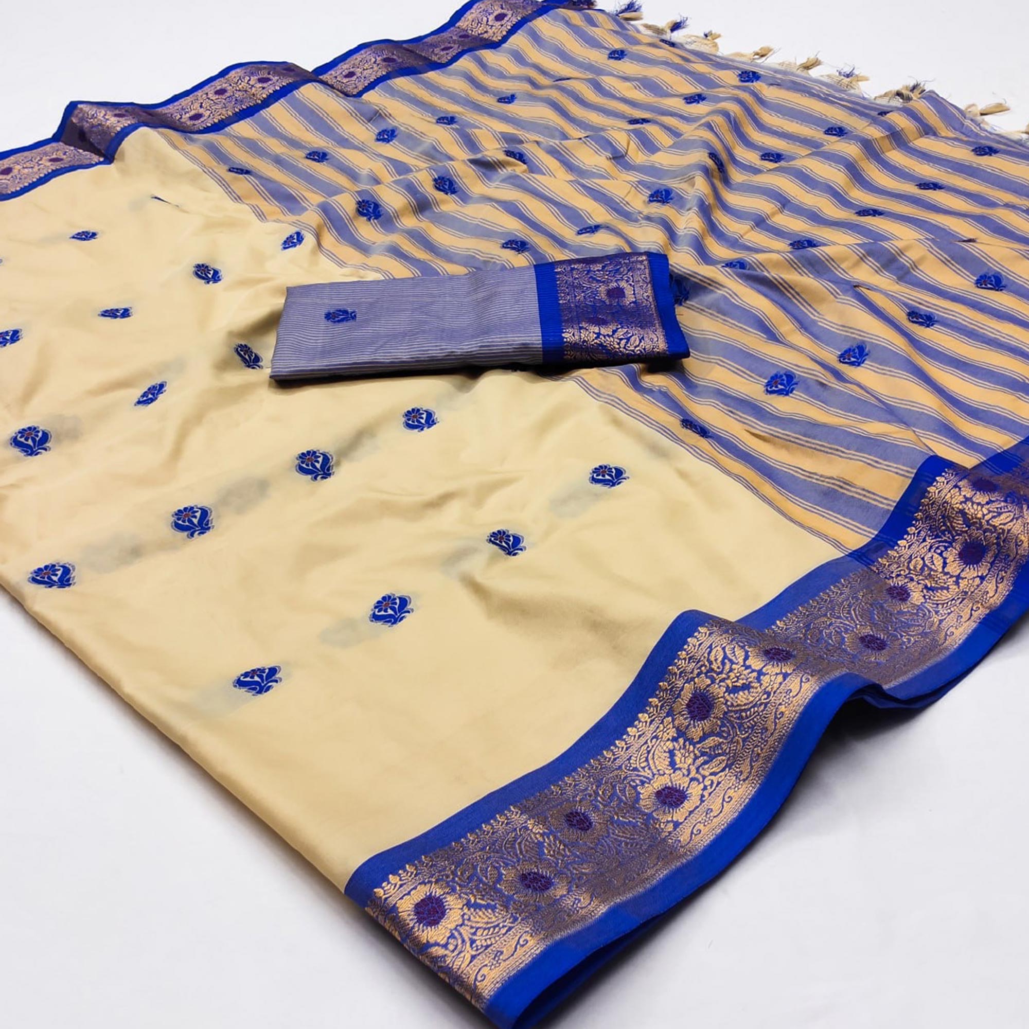Beige & Blue Woven Cotton Silk Saree With Tassels