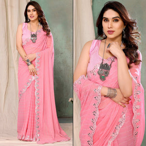 Pink Embroidered Georgette Saree With Mirror Work Border