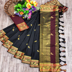 Black Butti Work Woven Cotton Silk Saree