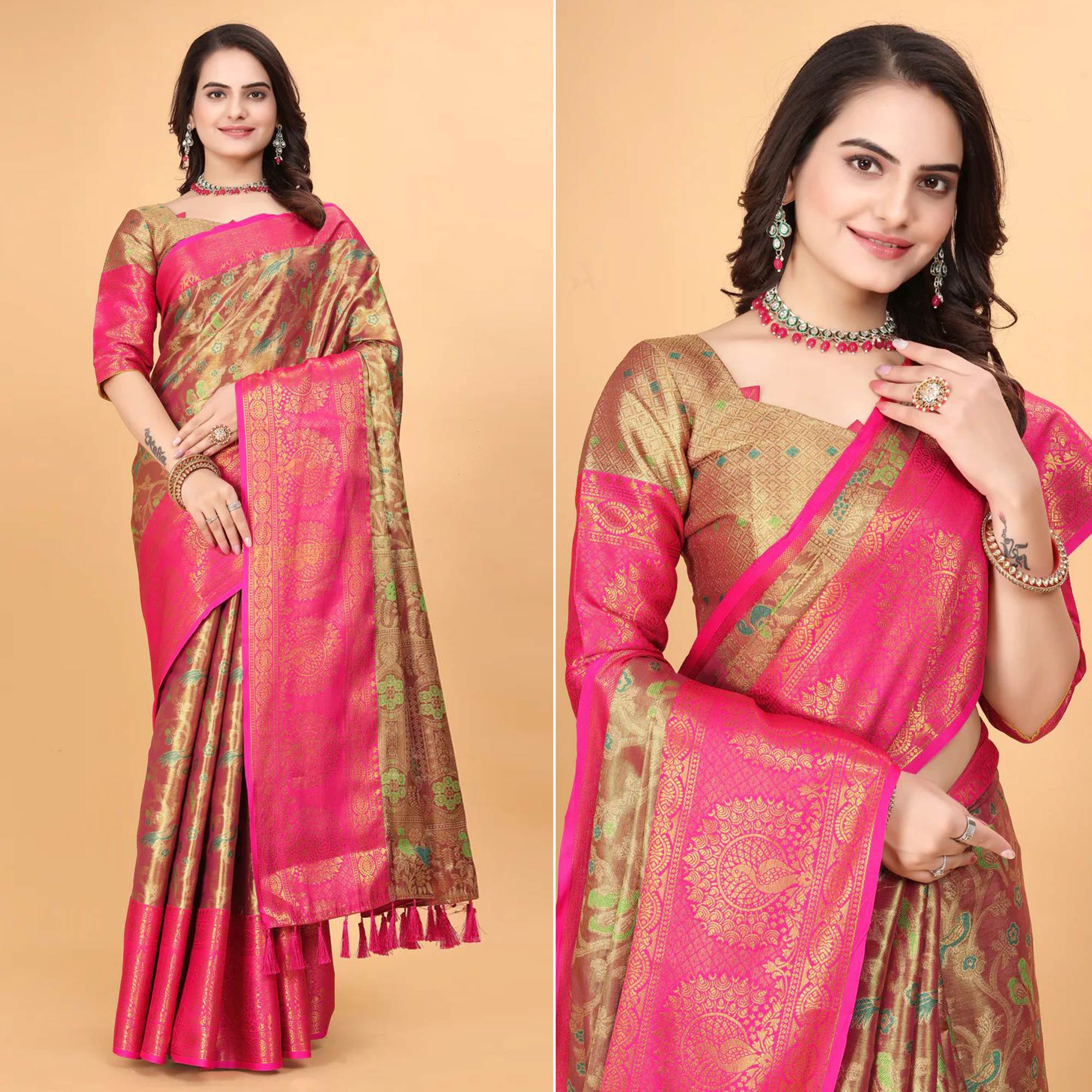 Rani Pink Floral Woven Tissue Silk Saree With Tassels