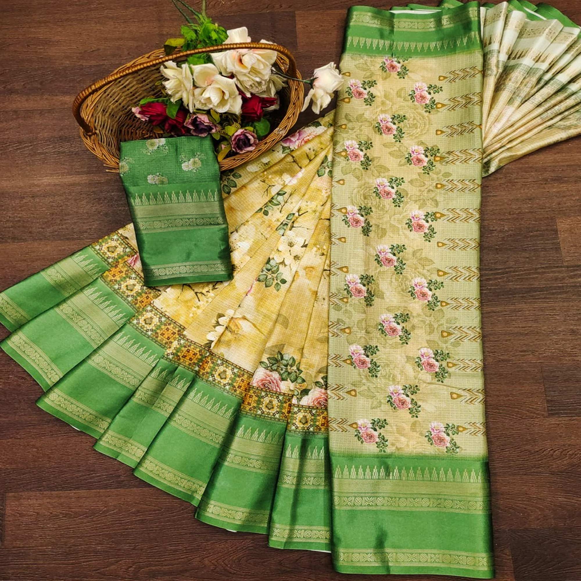Green Floral Digital Printed Cotton Silk Saree