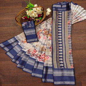 Indigo Blue Floral Digital Printed Cotton Silk Saree