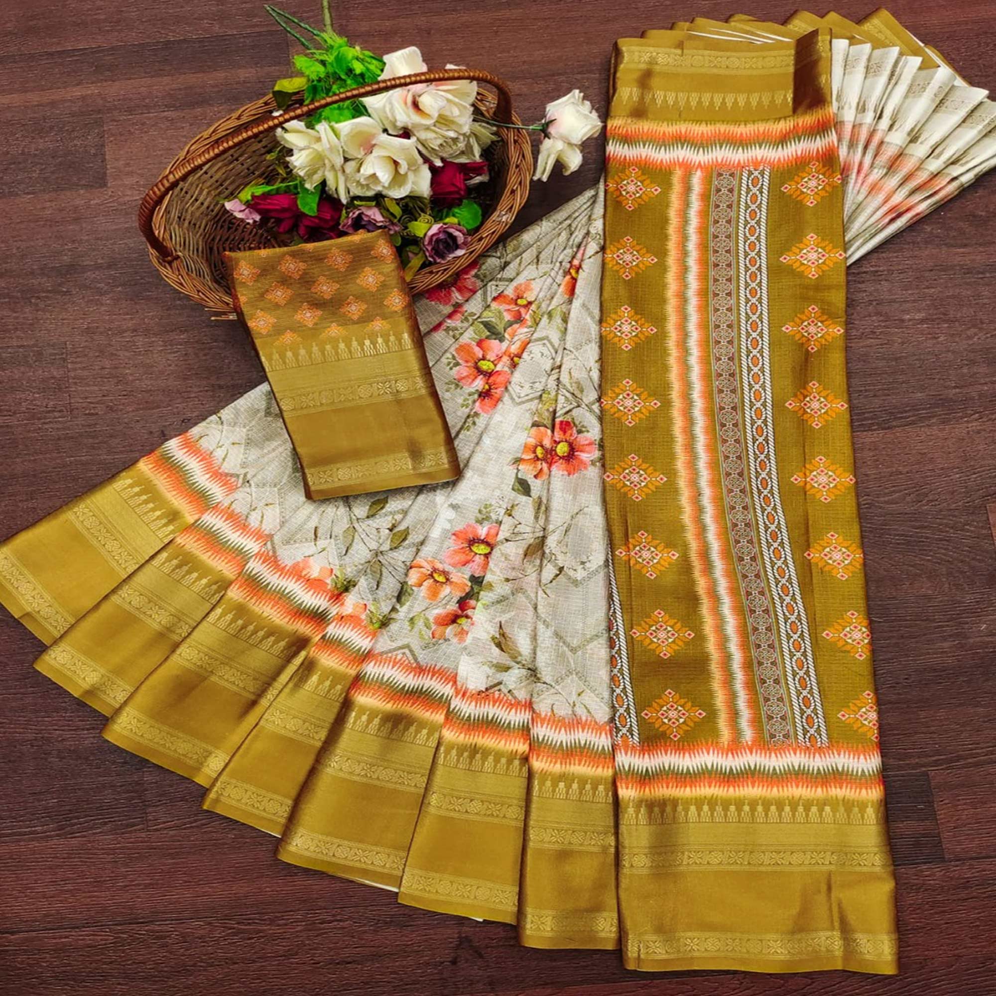 Mustard Floral Digital Printed Cotton Silk Saree