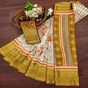 Mustard Floral Digital Printed Cotton Silk Saree