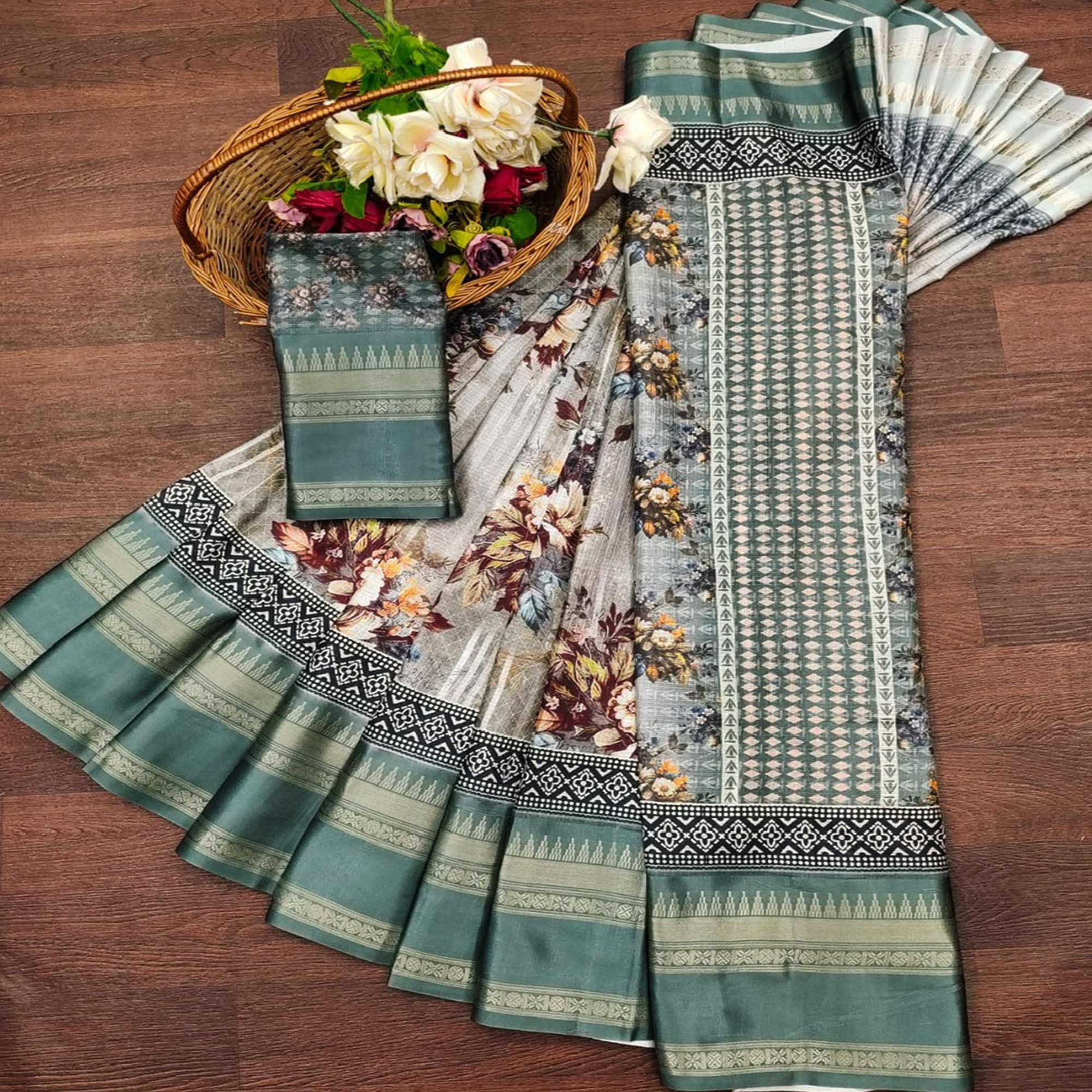 Muted Green Floral Digital Printed Cotton Silk Saree