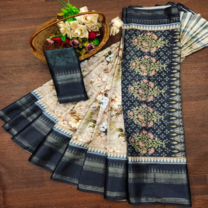 Navy Blue Floral Digital Printed Cotton Silk Saree