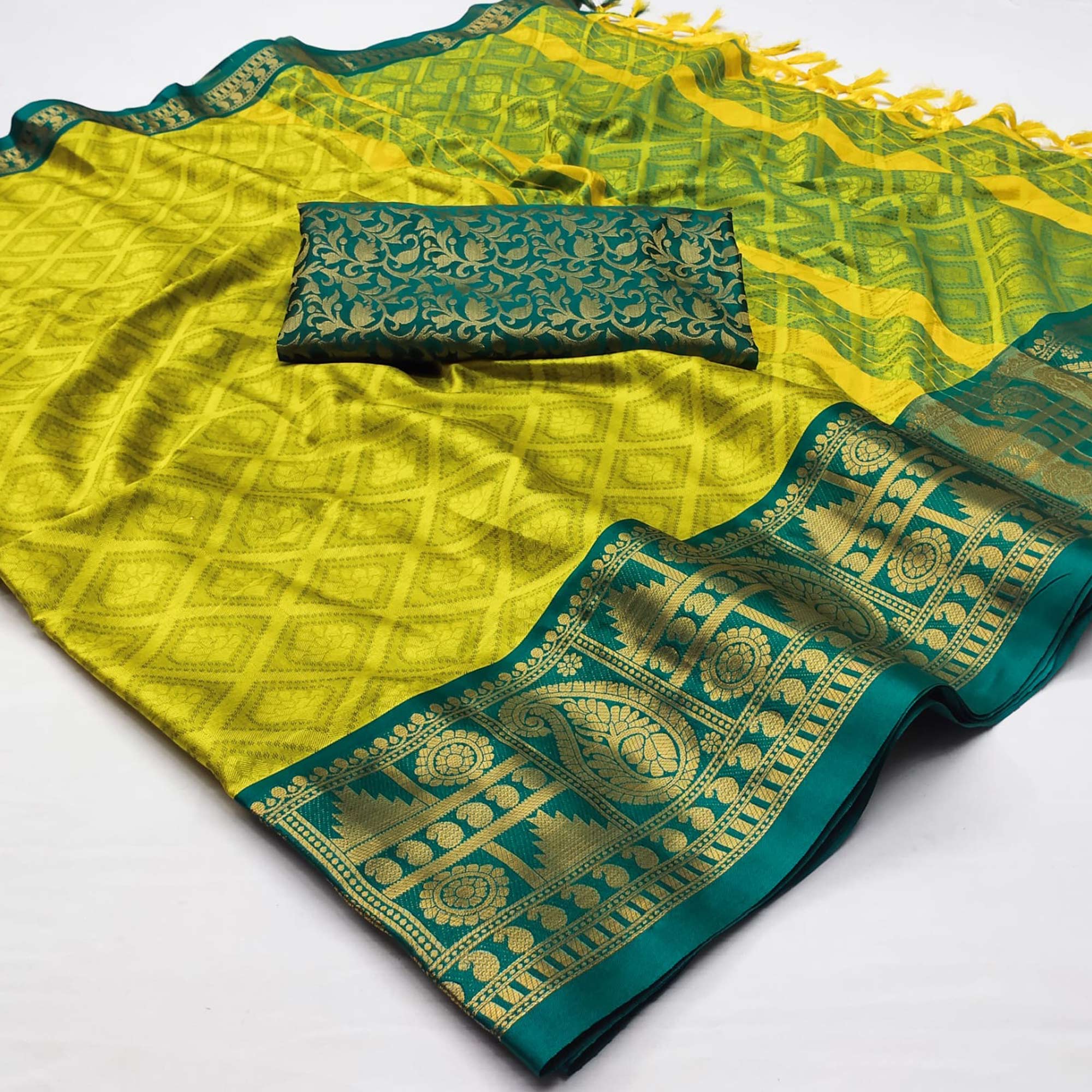 Lemon Yellow Woven Cotton Silk Saree With Tassels