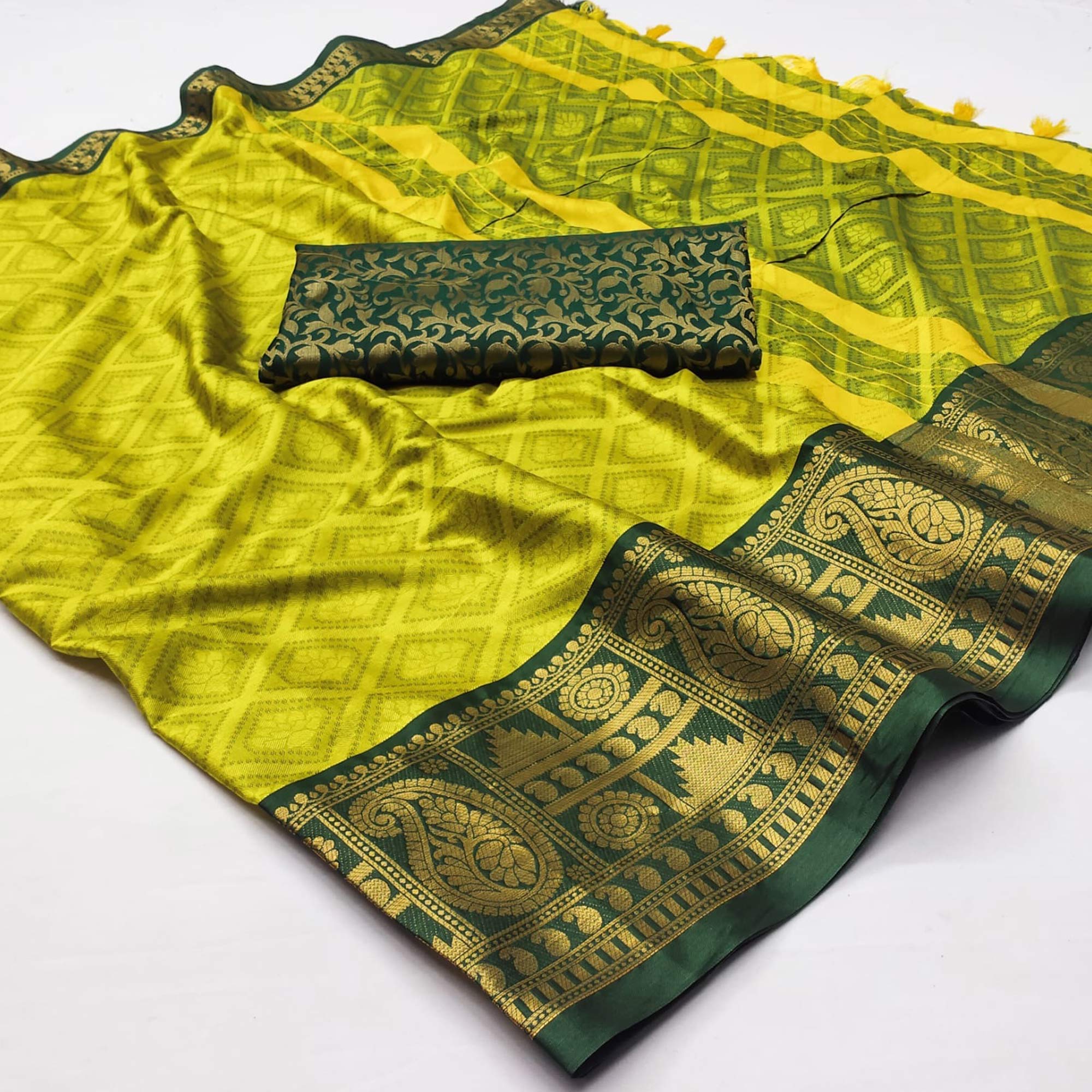 Yellow Woven Cotton Silk Saree With Tassels