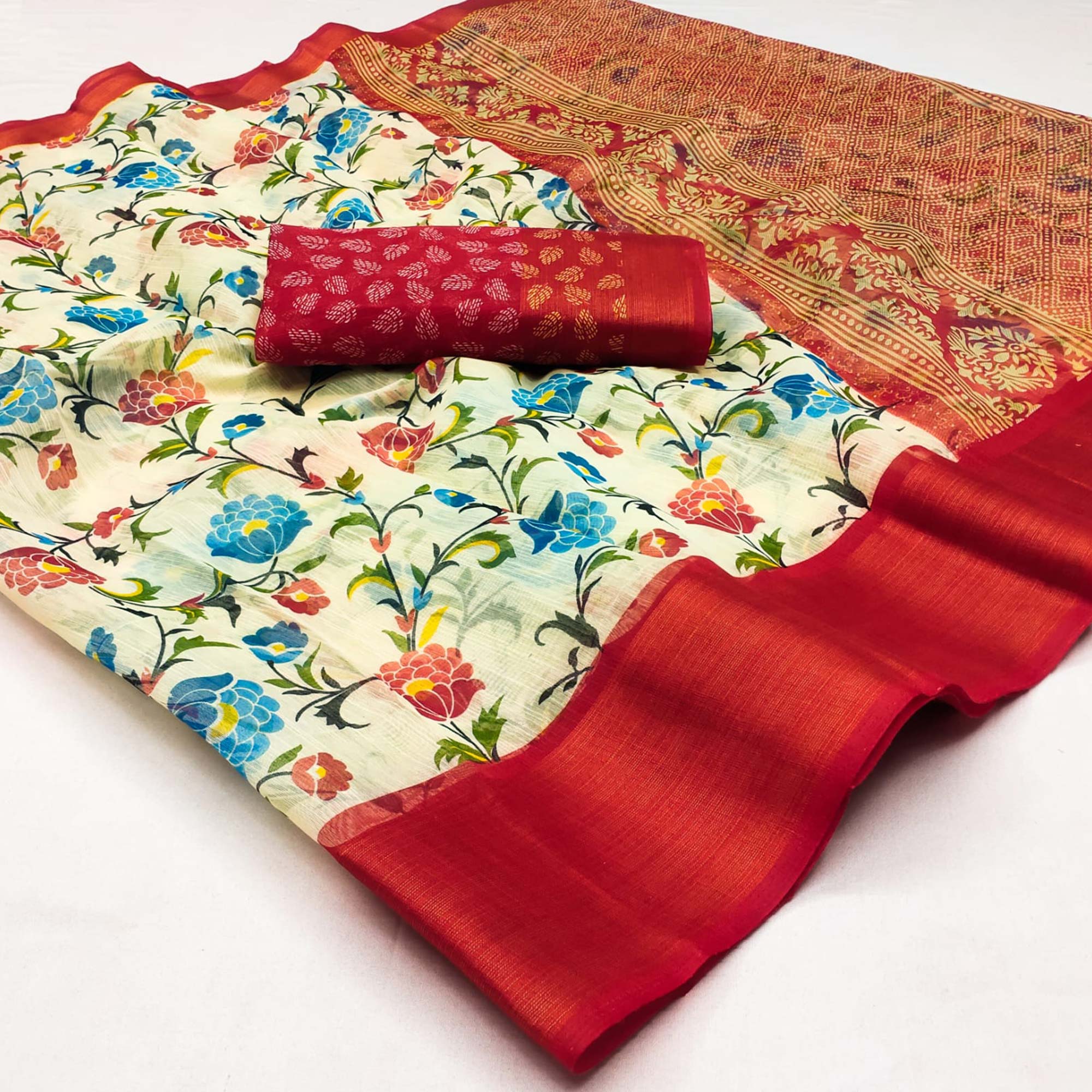 White & Red Floral Printed Cotton Blend Saree