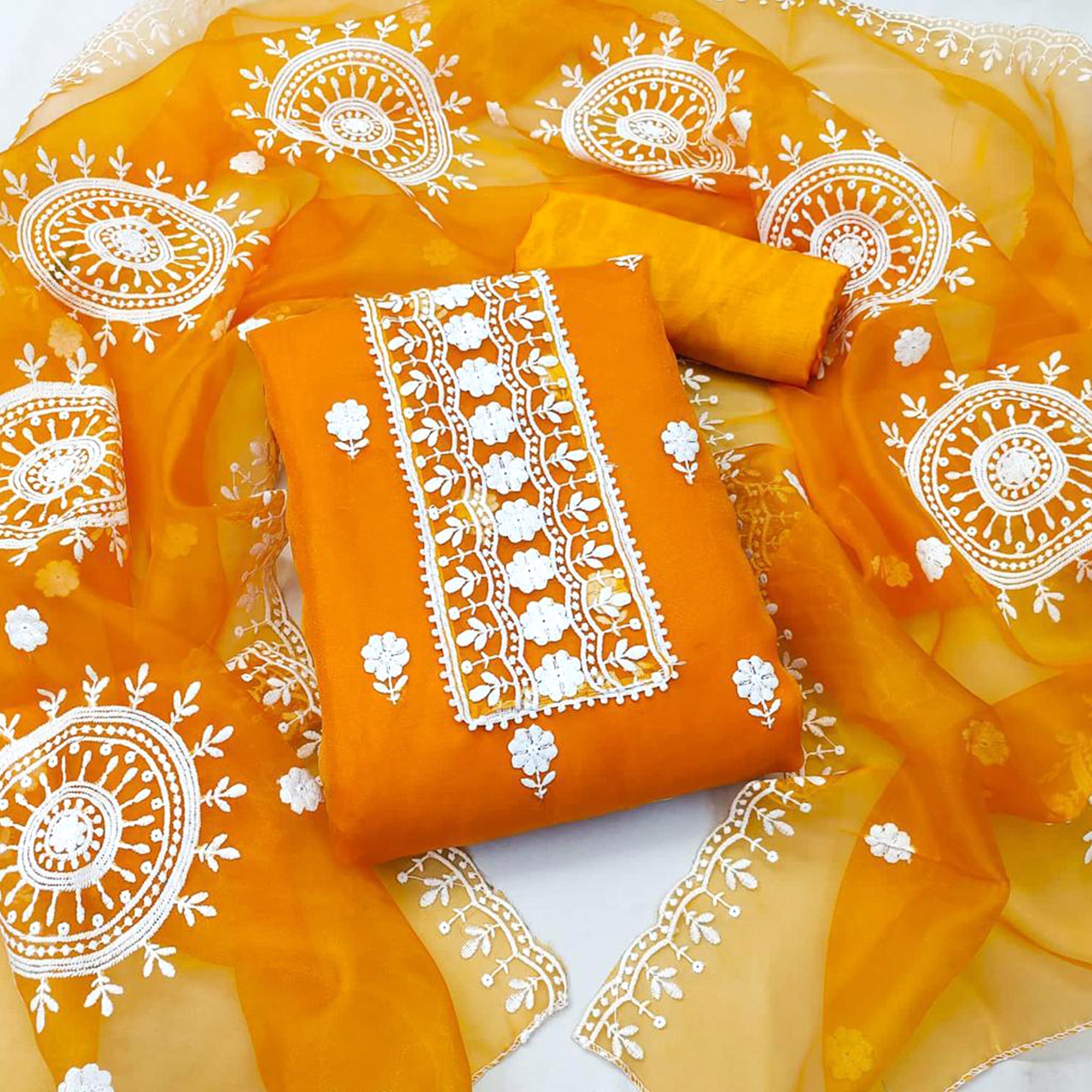 Bright Orange Floral Embroidered Organza Dress Material