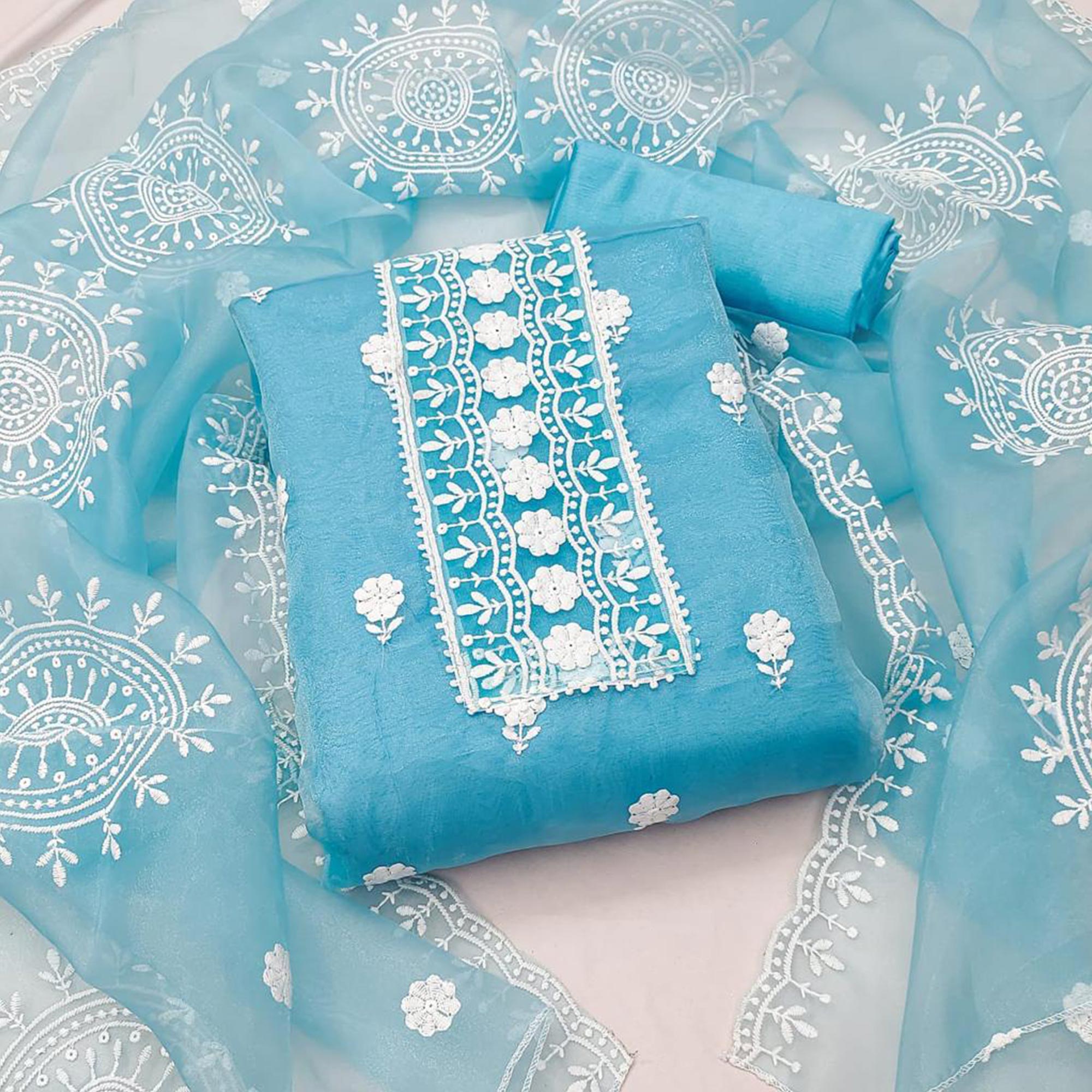 Sky Blue Floral Embroidered Organza Dress Material