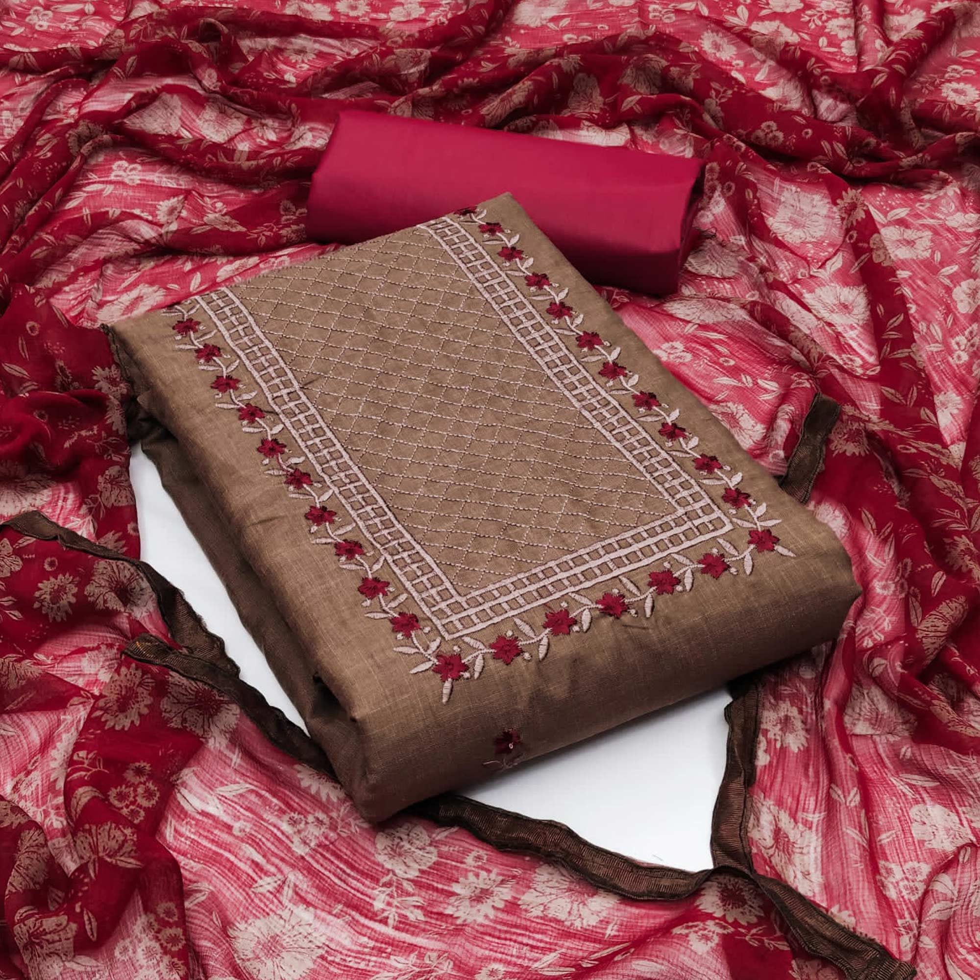 Brown Floral Embroidered Cotton Blend Dress Material