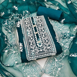 Teal Blue Floral Embroidered Organza Dress Material