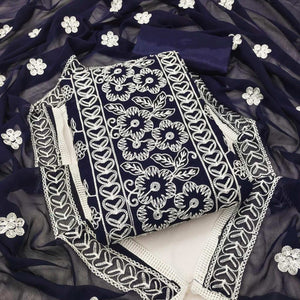 Navy Blue Floral Embroidered Georgette Dress Material