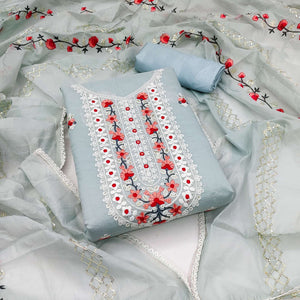Light Grey Floral Embroidered Chanderi Dress Material