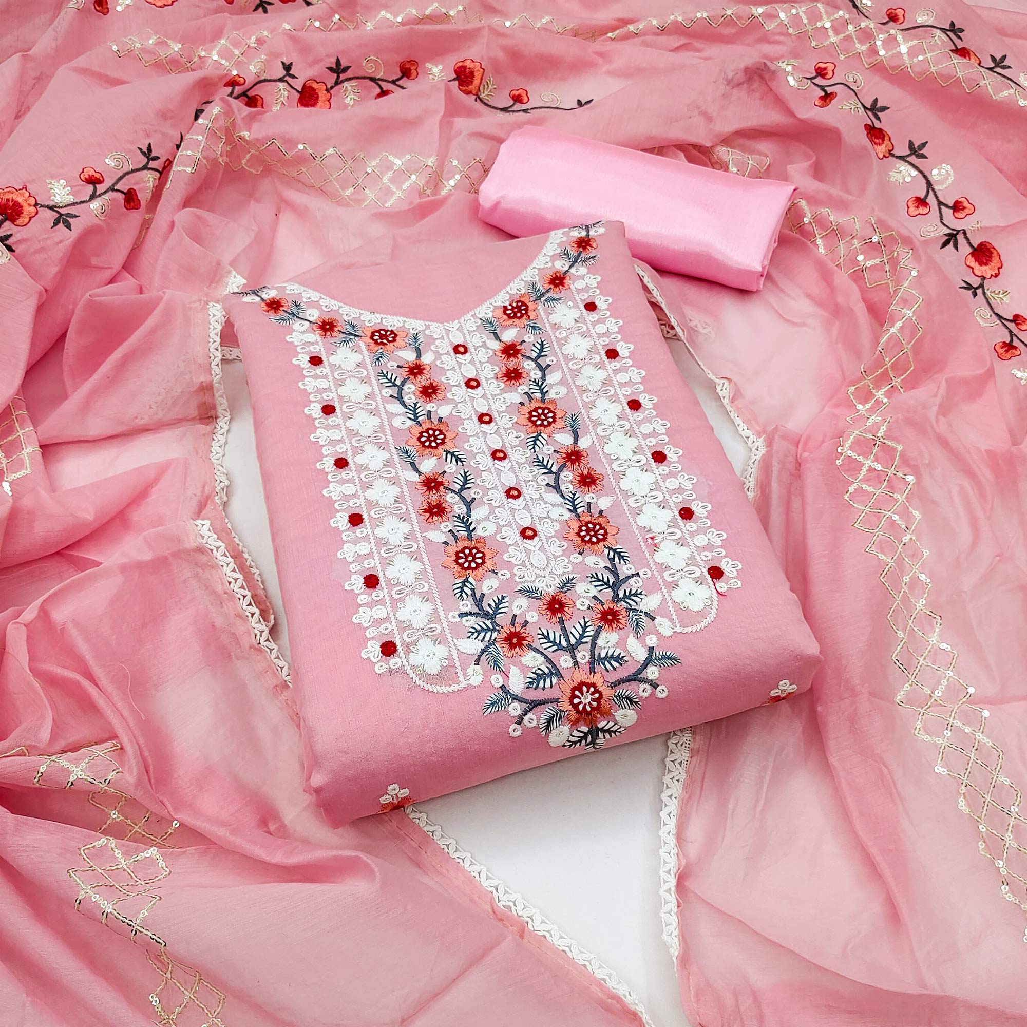 Pink Floral Embroidered Chanderi Dress Material