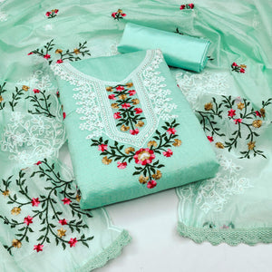 Sea Green Floral Embroidered Chanderi Dress Material