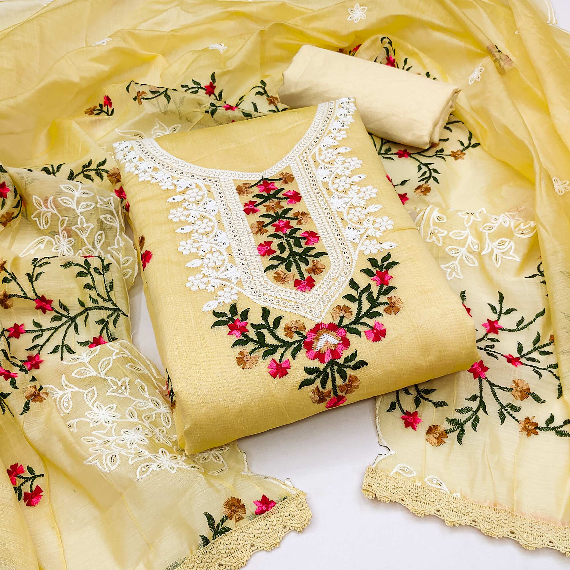 Yellow Floral Embroidered Chanderi Dress Material