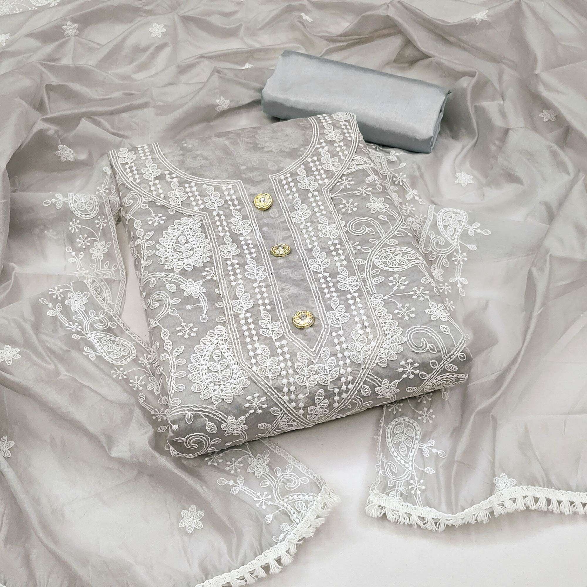 Light Gray Floral Embroidered Chanderi Dress Material