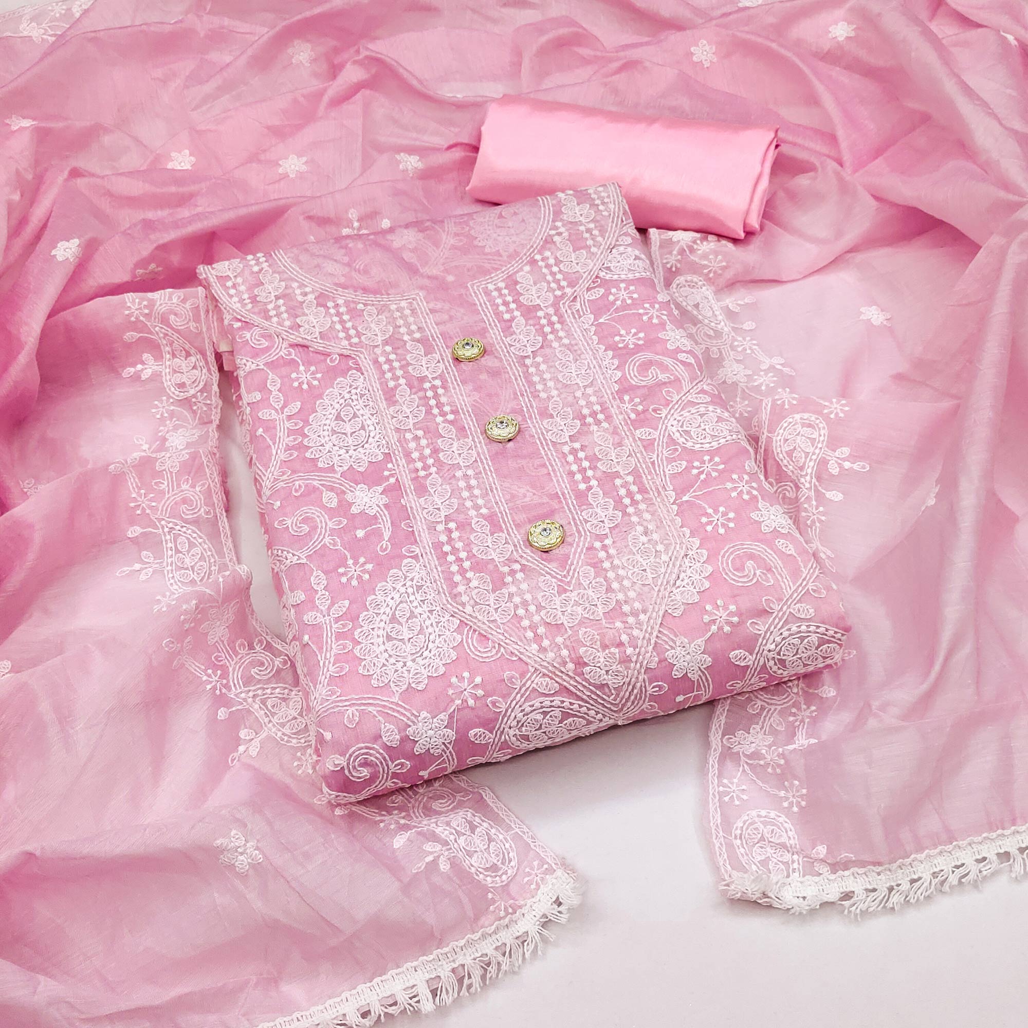 Pink Floral Embroidered Chanderi Dress Material
