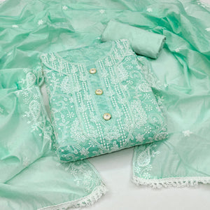 Sea Green Floral Embroidered Chanderi Dress Material