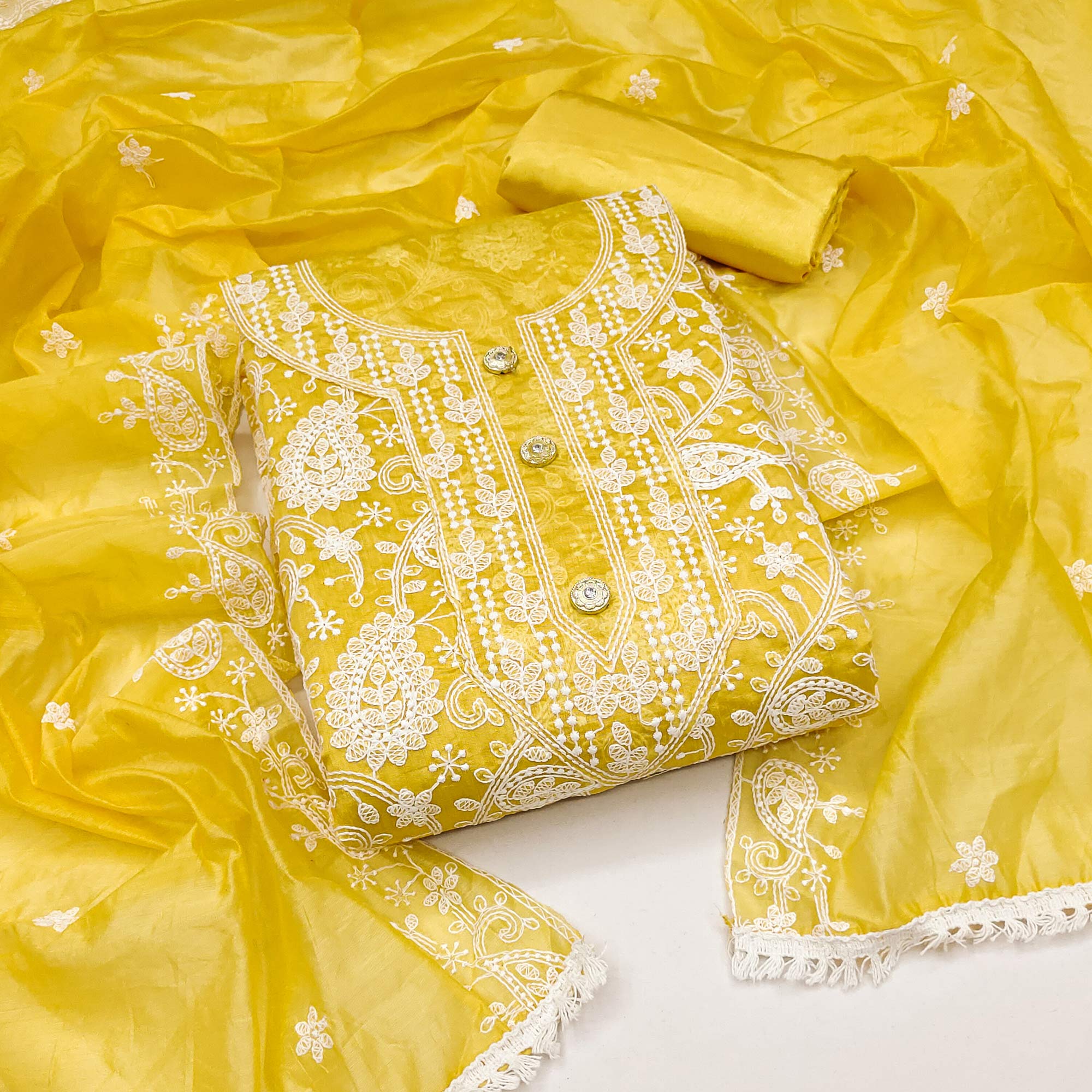 Yellow Floral Embroidered Chanderi Dress Material