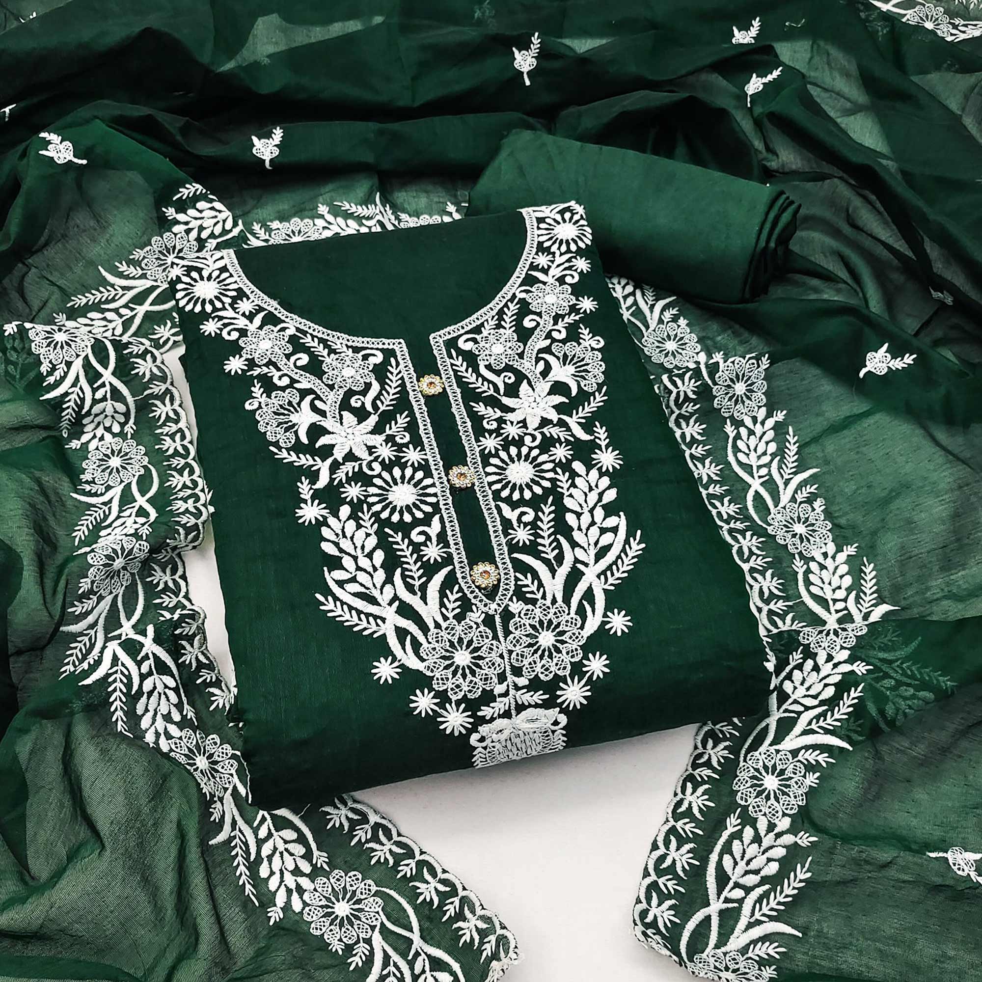 Bottle Green Floral Embroidered Chanderi Dress Material