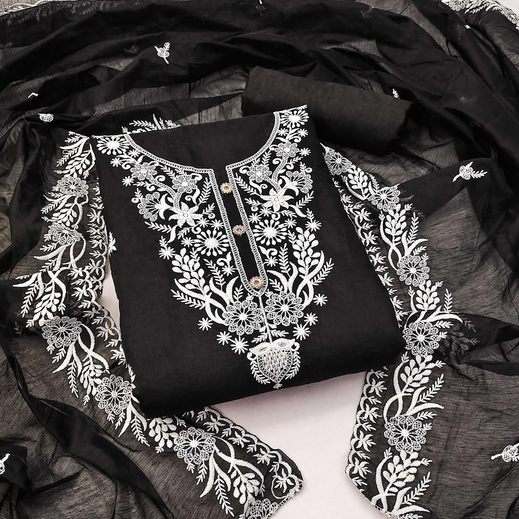 Black Floral Embroidered Chanderi Dress Material