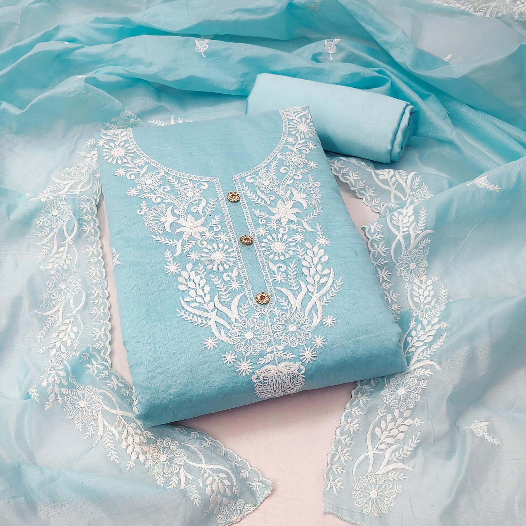 Sky Blue Floral Embroidered Chanderi Dress Material
