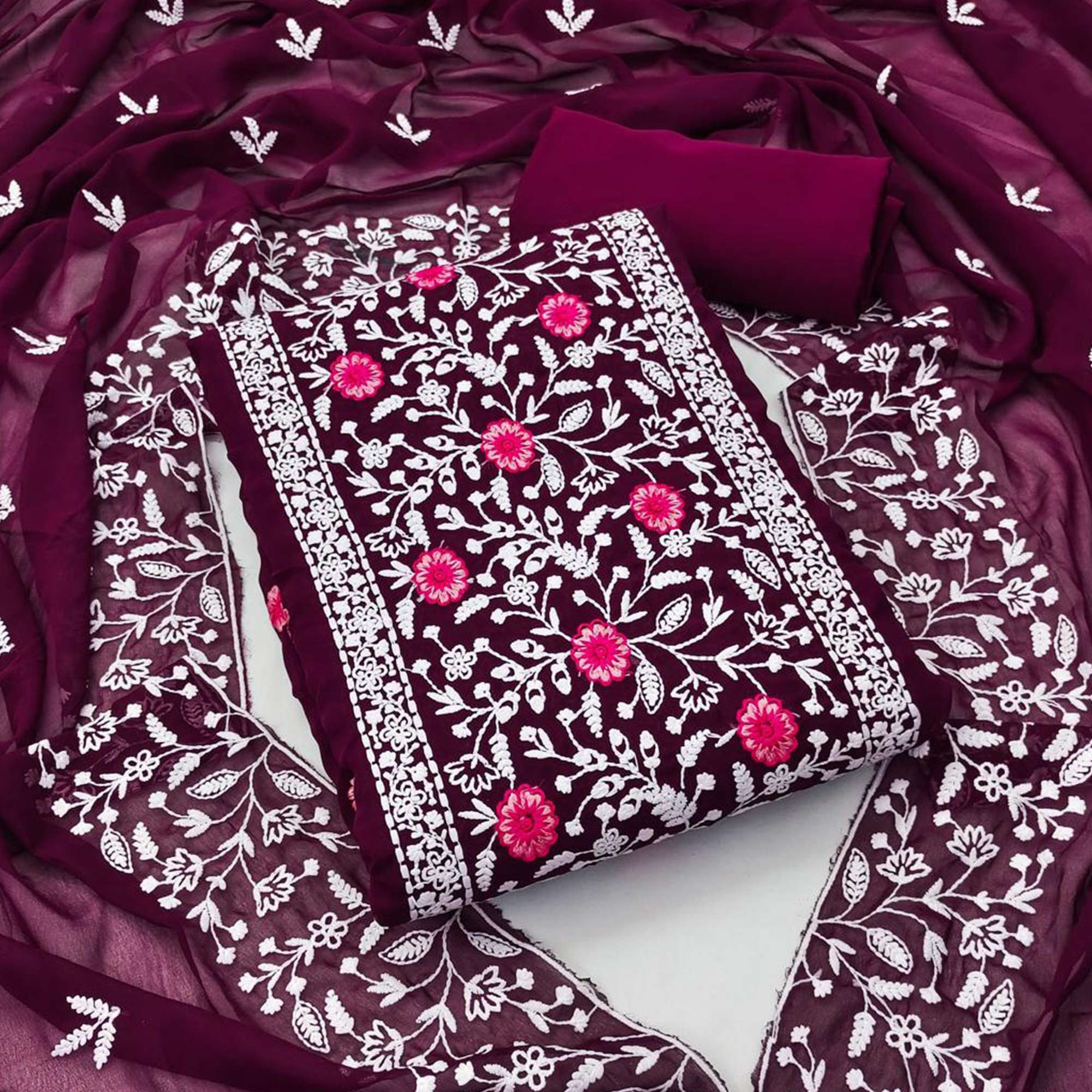 Wine Floral Embroidered Georgette Dress Material