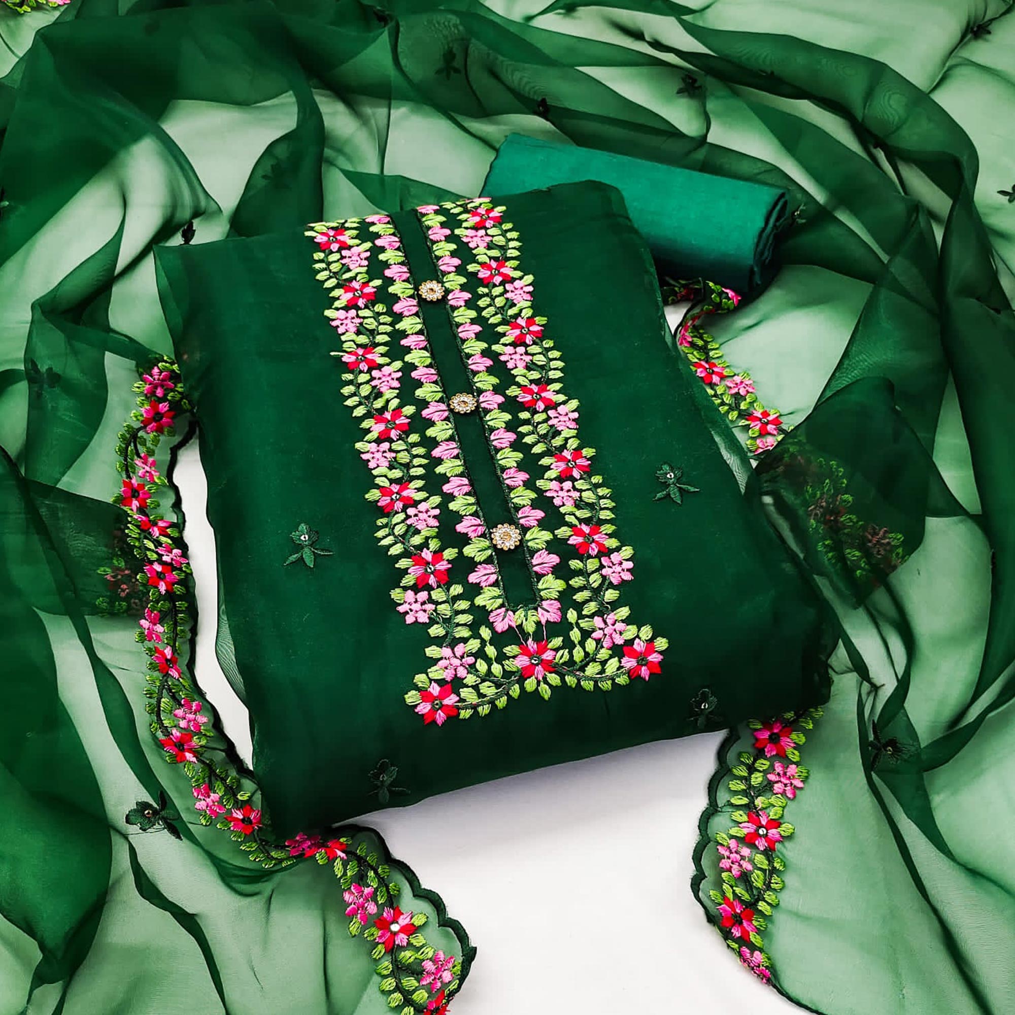 Bottle Green Floral Embroidered Organza Dress Material