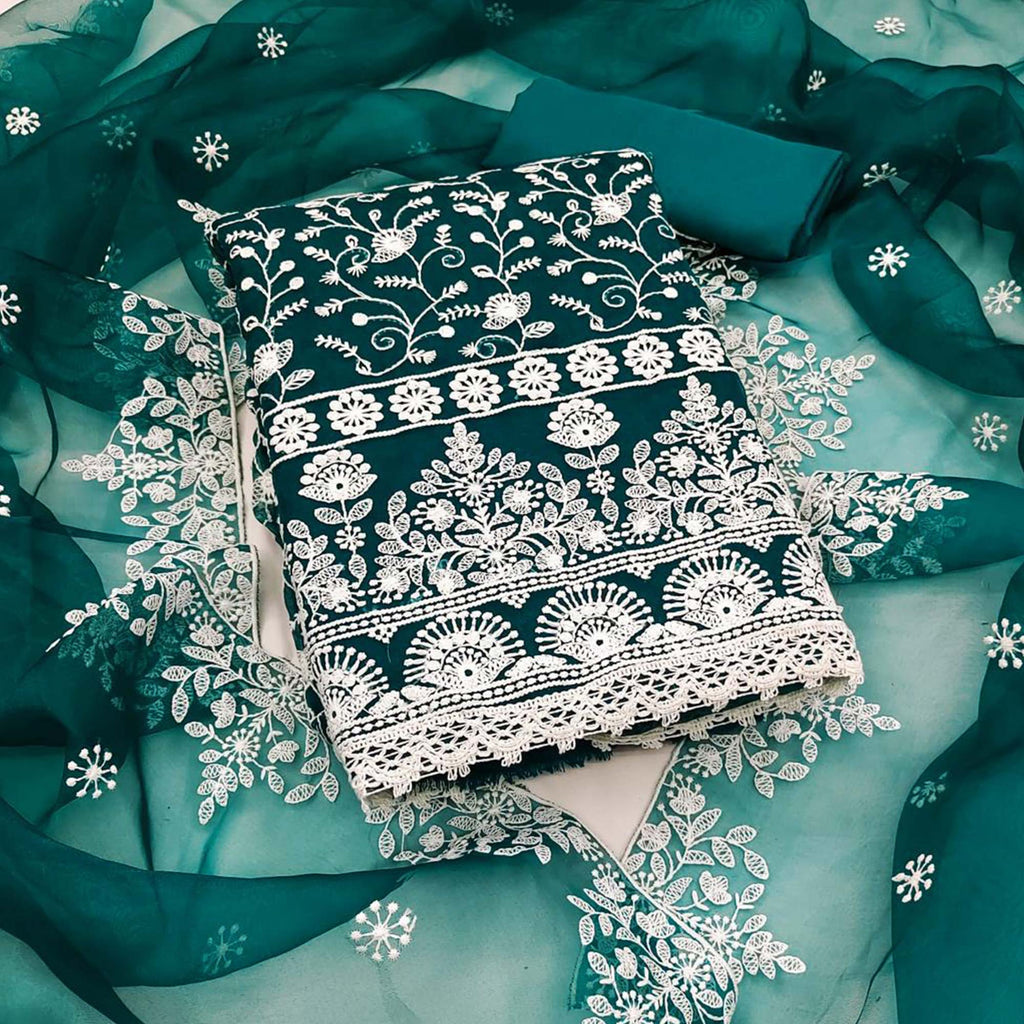 Green Embroidered Organza Dress Material With Dupatta